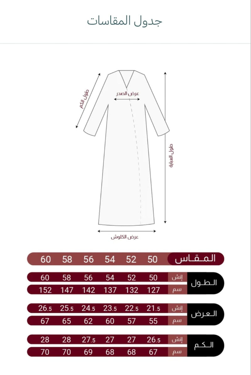 جدول المقاسات